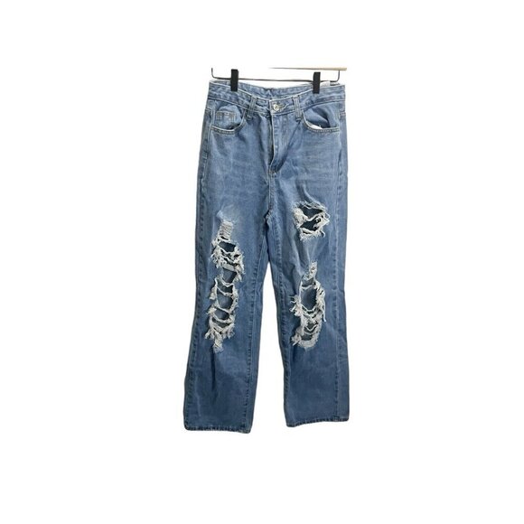 Shein Wide Leg Jeans Women's SZ S Blue High Rise Hem Faded Distressed - Picture 1 of 5